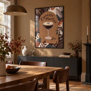 Espresso Martini Wall Art, framed on the wall of a relaxed dining room in a Victorian terrace with a muted caramel wall and oak dining table