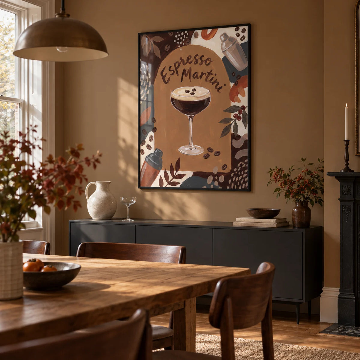 Espresso Martini Wall Art, framed on the wall of a relaxed dining room in a Victorian terrace with a muted caramel wall and oak dining table