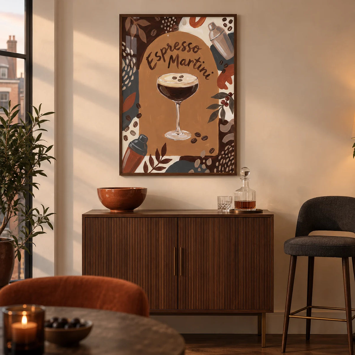 Espresso Martini Wall Art, framed on the wall of a warm contemporary home bar corner in a UK city flat with a cream wall and walnut floor in a living room