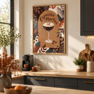 Espresso Martini Wall Art, framed on the wall of a welcoming contemporary kitchen with cream walls