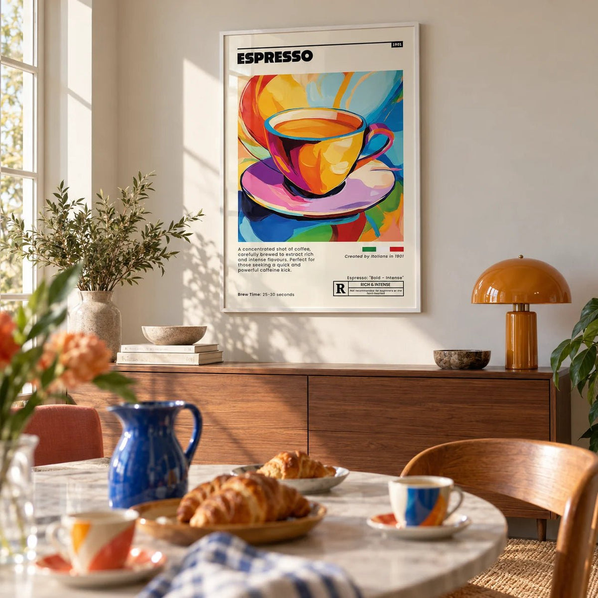 Espresso Poster, framed on the wall of a breakfast table in a kitchen