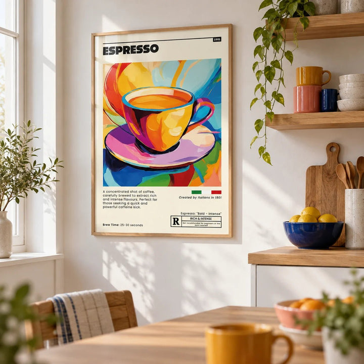 Espresso Poster, framed on the wall of a bright Scandinavian kitchen