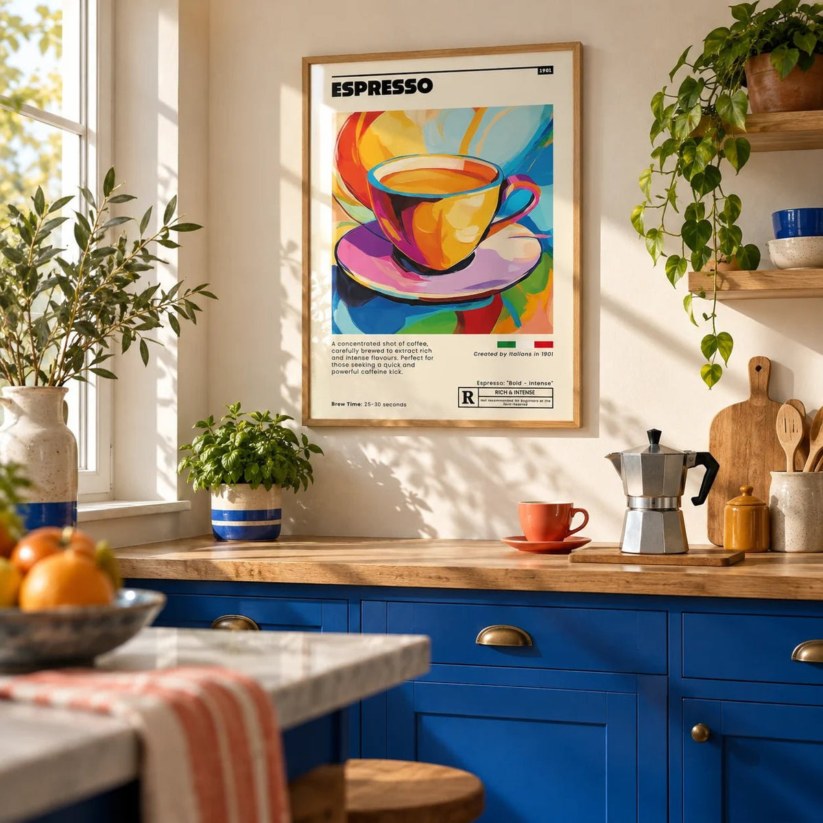 Espresso Poster, framed on the wall of a colourful kitchen with cobalt cabinets