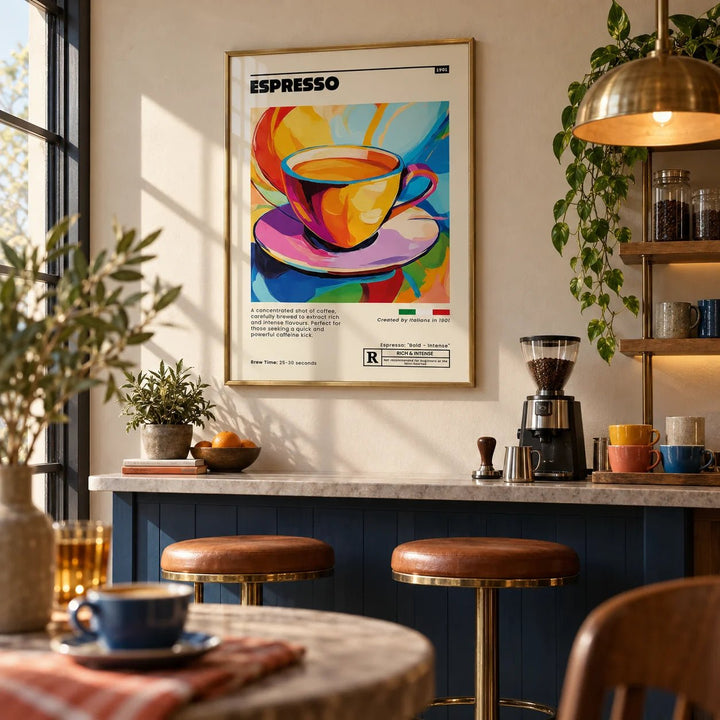 Espresso Poster, framed on the wall of a home café bar in a kitchen