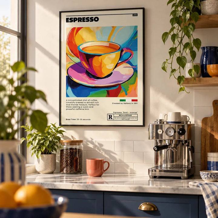 Espresso Poster, framed on the wall of a modern kitchen coffee corner