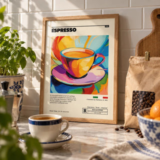 Espresso Poster, a small A4 framed print leaning on a kitchen worktop