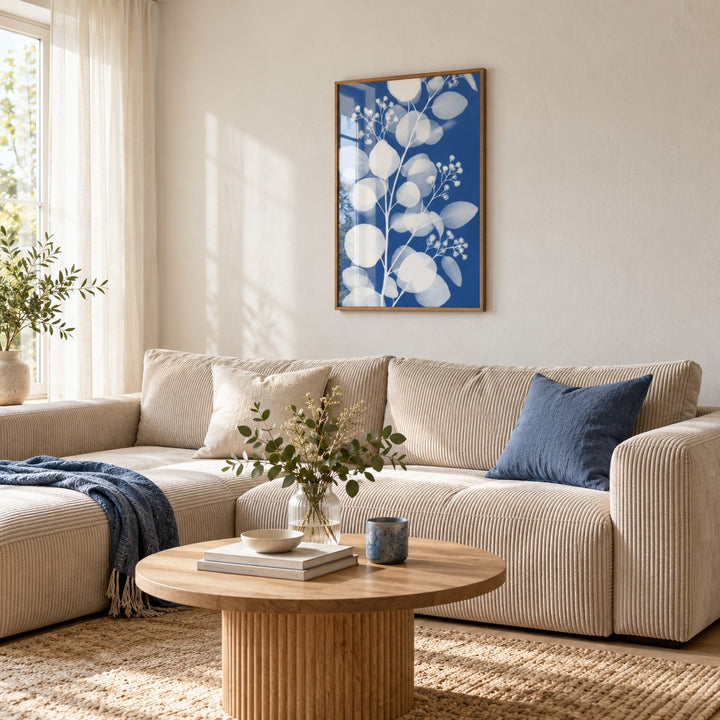 Eucalyptus Cyanotype Print styled in a living room (frame not included)