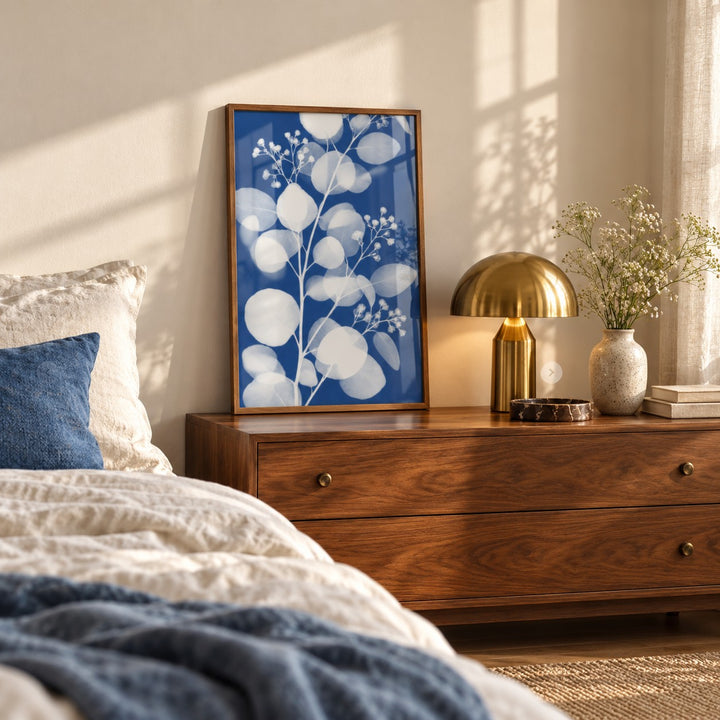 Eucalyptus Cyanotype Print styled in a bedroom (frame not included)