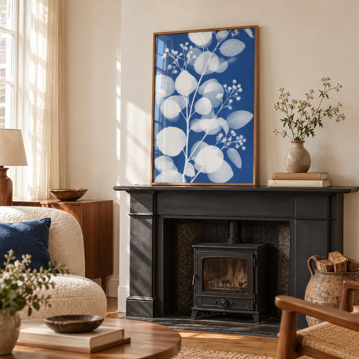 Eucalyptus Cyanotype Print styled on a mantelpiece (frame not included)