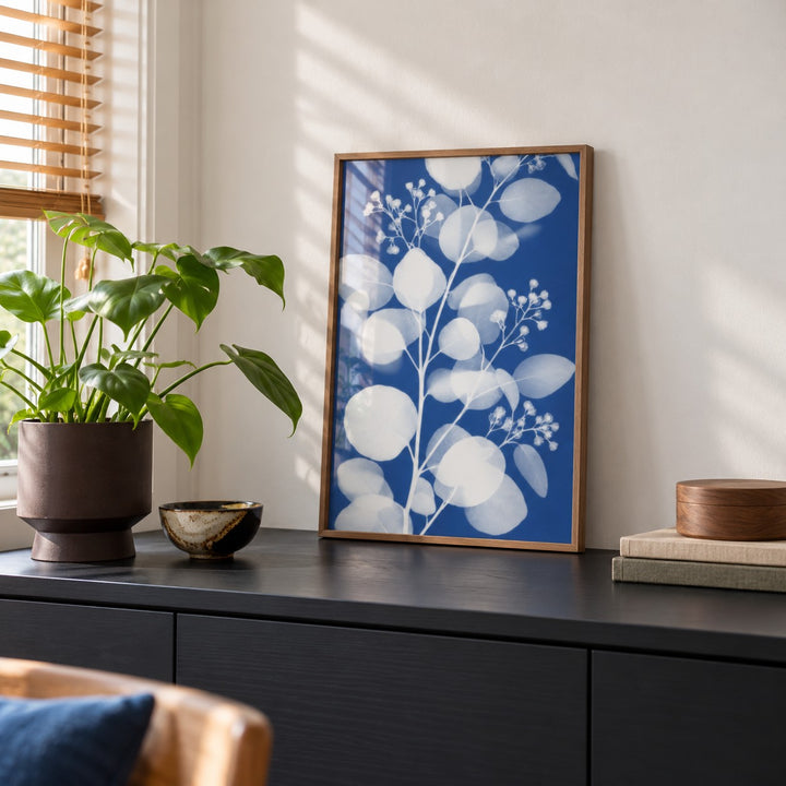 Eucalyptus Cyanotype Print styled on a black sideboard (frame not included)