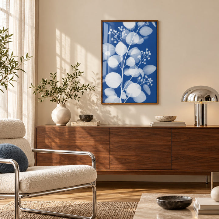 Eucalyptus Cyanotype Print styled above a sideboard (frame not included)
