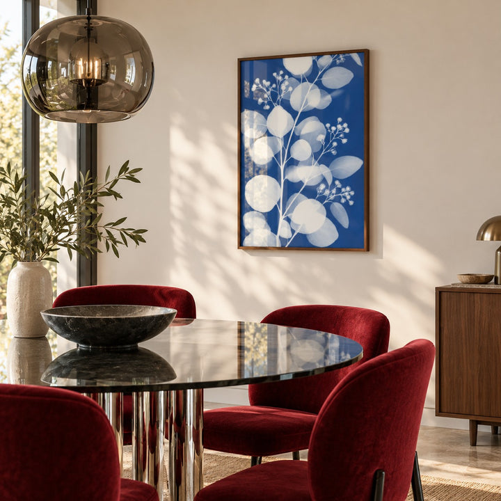 Eucalyptus Cyanotype Print styled in a dining room (frame not included)