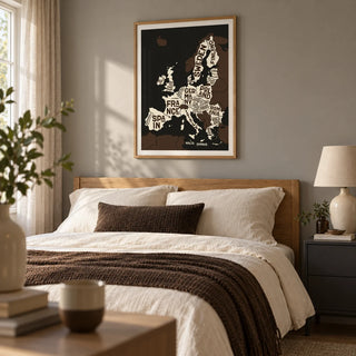 Europe Poster, framed on the wall of a quietly modern bedroom for a travel-loving couple (28-45) in a UK flat with a warm grey wall