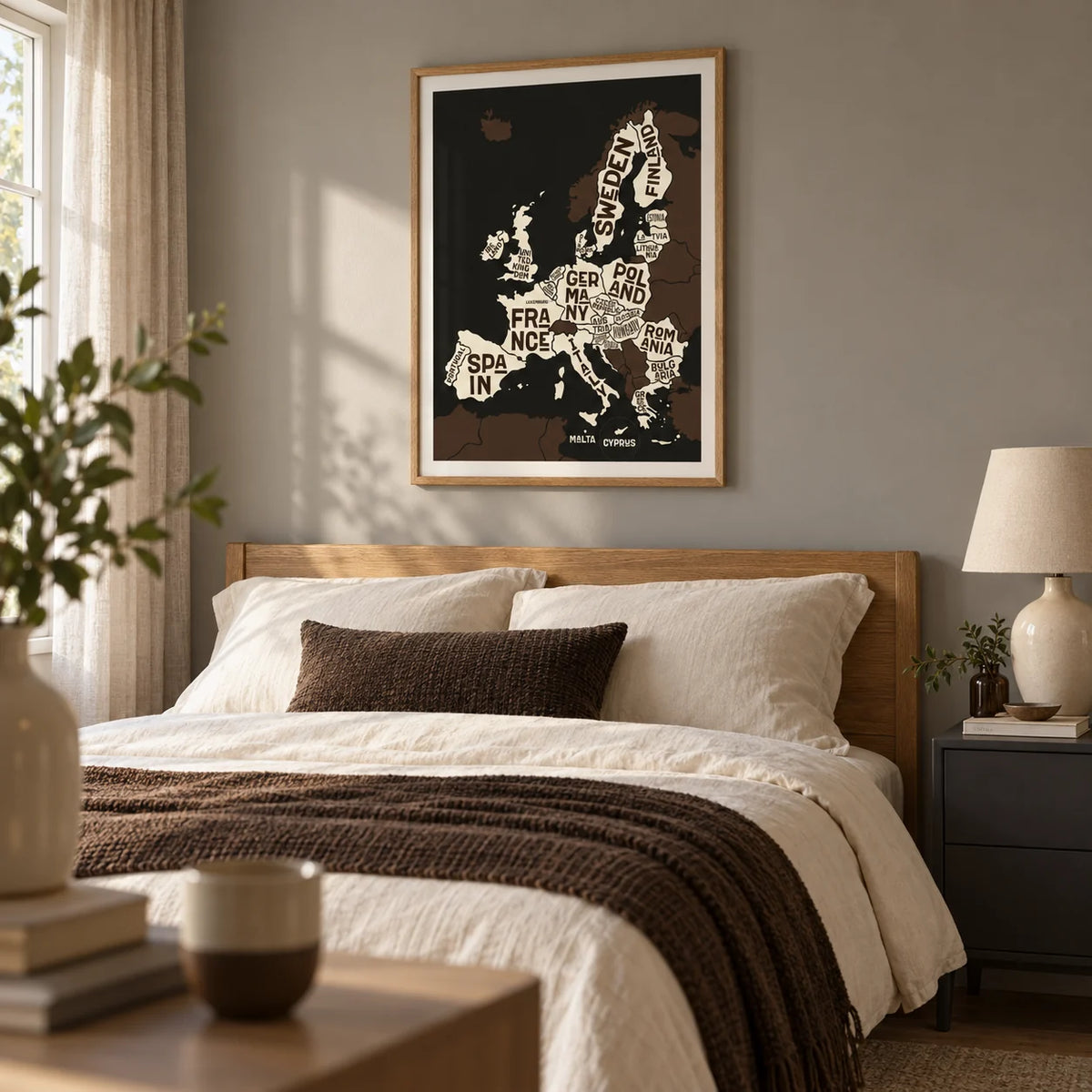 Europe Poster, framed on the wall of a quietly modern bedroom for a travel-loving couple (28-45) in a UK flat with a warm grey wall