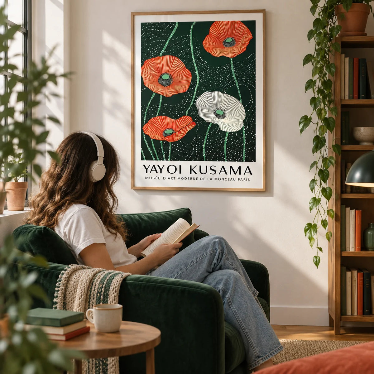 Extra Large Floral Wall Art, framed on the wall of a cosy reading corner with a white wall in a living room