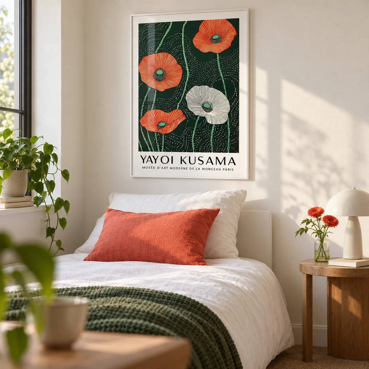 Extra Large Floral Wall Art, framed on the wall of a pretty single guest bedroom with a warm white wall