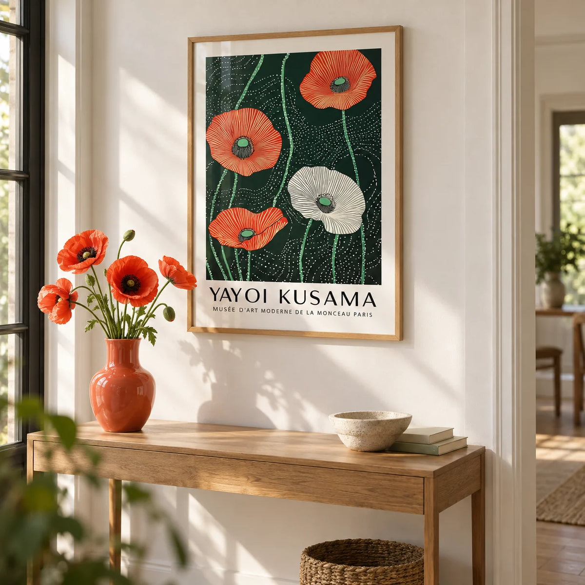 Extra Large Floral Wall Art, framed on the wall of a welcoming hallway with a white wall