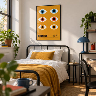 Eye Poster, framed on the wall of a bold single bedroom for a design-loving young adult (17-24) with a white wall