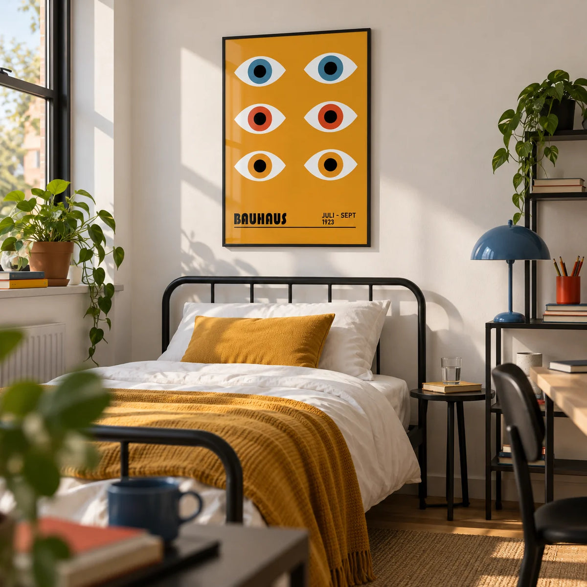 Eye Poster, framed on the wall of a bold single bedroom for a design-loving young adult (17-24) with a white wall