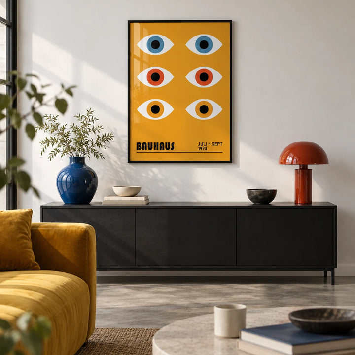 Eye Poster, framed on the wall of a design-led city-flat living room with a white wall and polished concrete