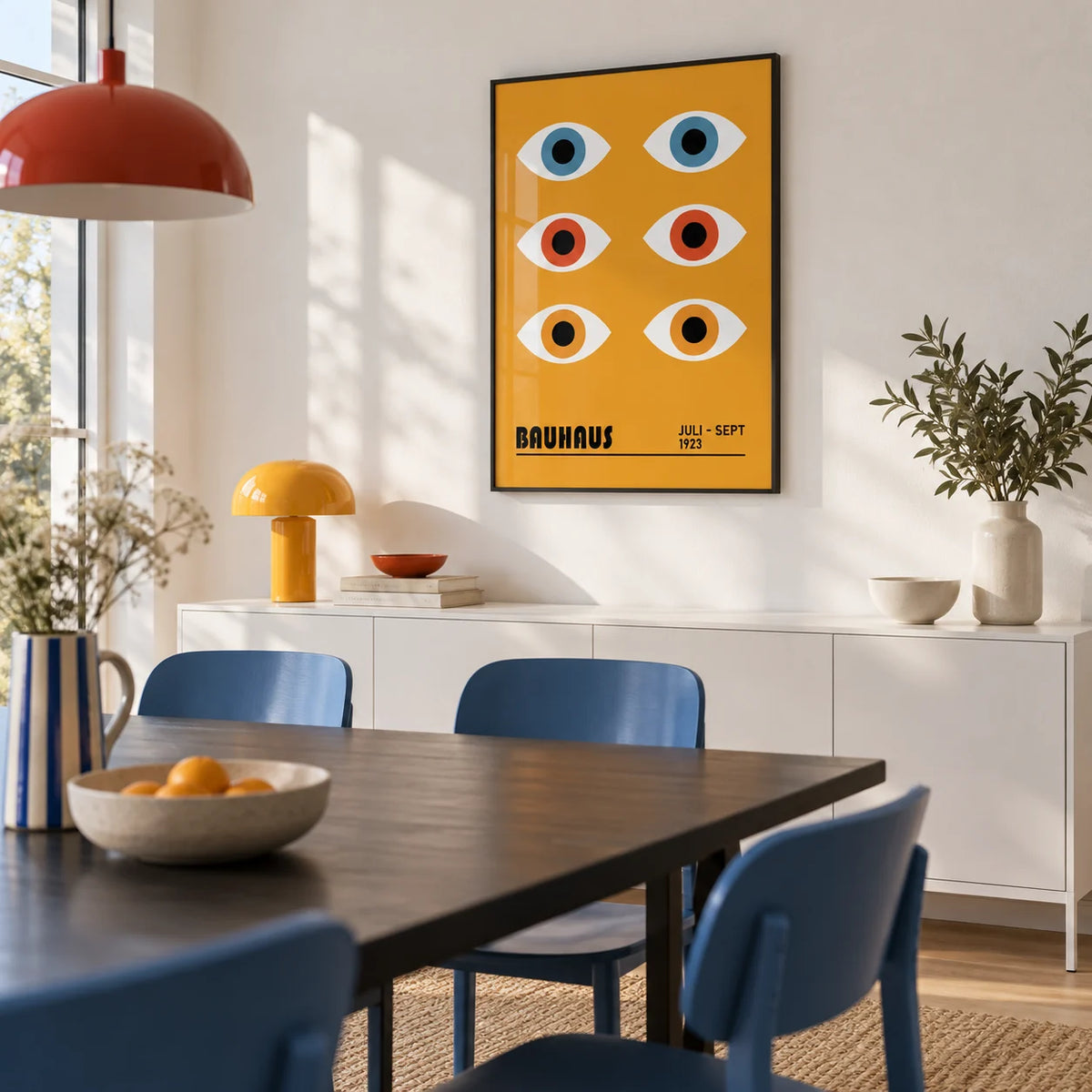 Eye Poster, framed on the wall of a modern dining room with a white wall