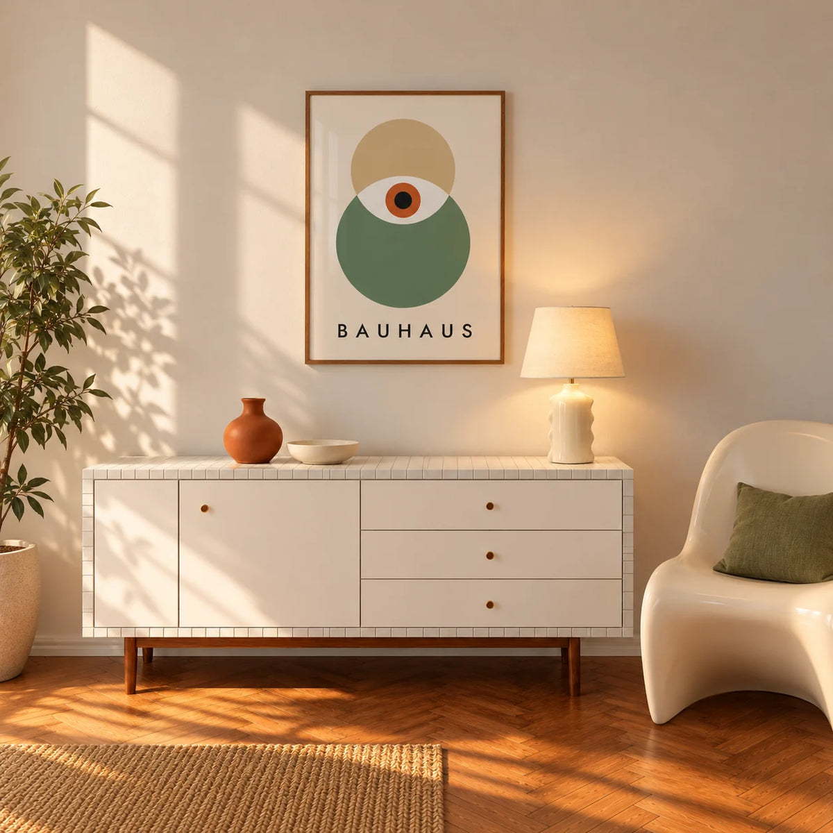 Eye Print, framed on the wall of a bright hallway with a white sideboard and a cream chair