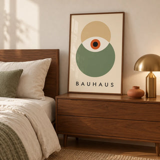 Eye Print, framed on the wall of a calm bedroom with a walnut chest of drawers