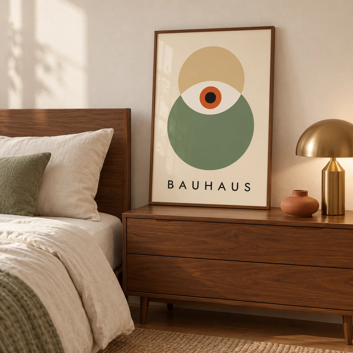 Eye Print, framed on the wall of a calm bedroom with a walnut chest of drawers
