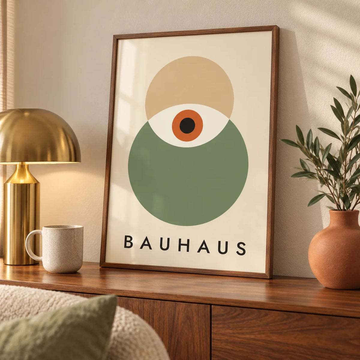 Eye Print, a small A4 framed print leaning on a walnut sideboard in a living room