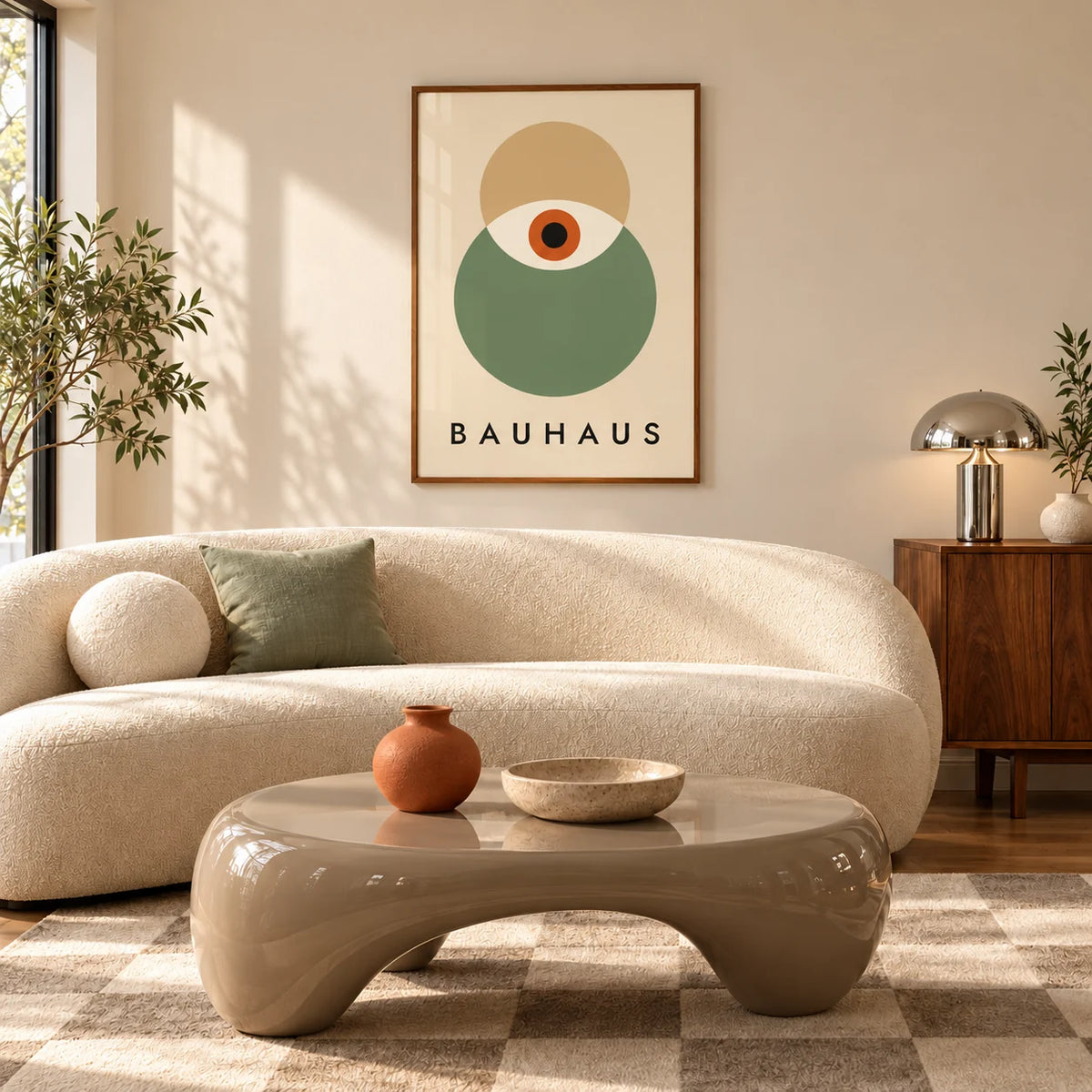 Eye Print, framed on the wall of a warm mid-century living room with a curved boucle sofa and a glossy coffee table