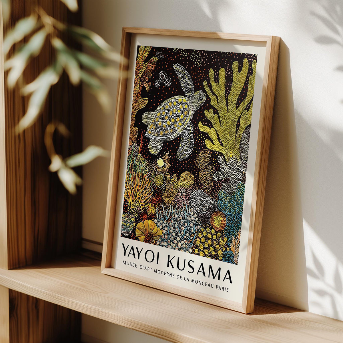 Sea turtle wall art with detailed textures and botanical underwater forms.