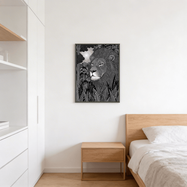 Textured jungle scene wall art print with lion close-up and repeating dotwork shading