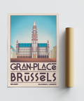 Straight-on travel poster print of Brussels landmark building with symmetrical arches and bold title text