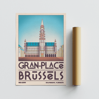 Straight-on travel poster print of Brussels landmark building with symmetrical arches and bold title text