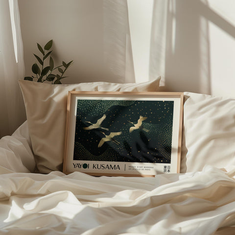 Horizontal nature art print with golden cranes in flight.