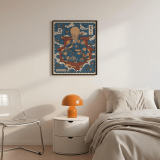 Bench-seated yokai character holding fan in graphic line illustration