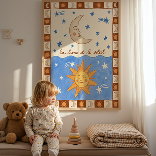 Vintage style nursery wall art in Blue Red Beige with folk moon and sun motifs