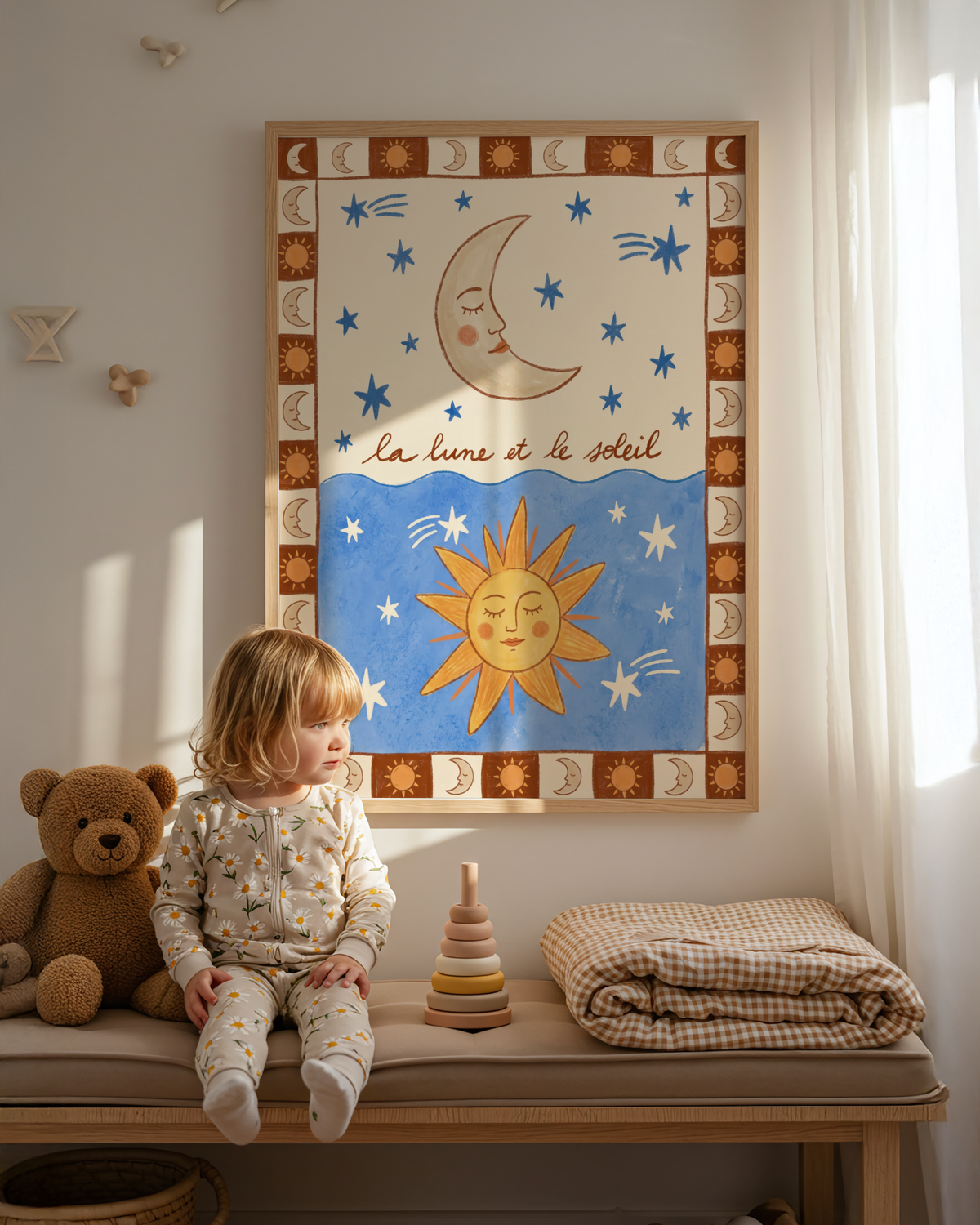 Vintage style nursery wall art in Blue Red Beige with folk moon and sun motifs