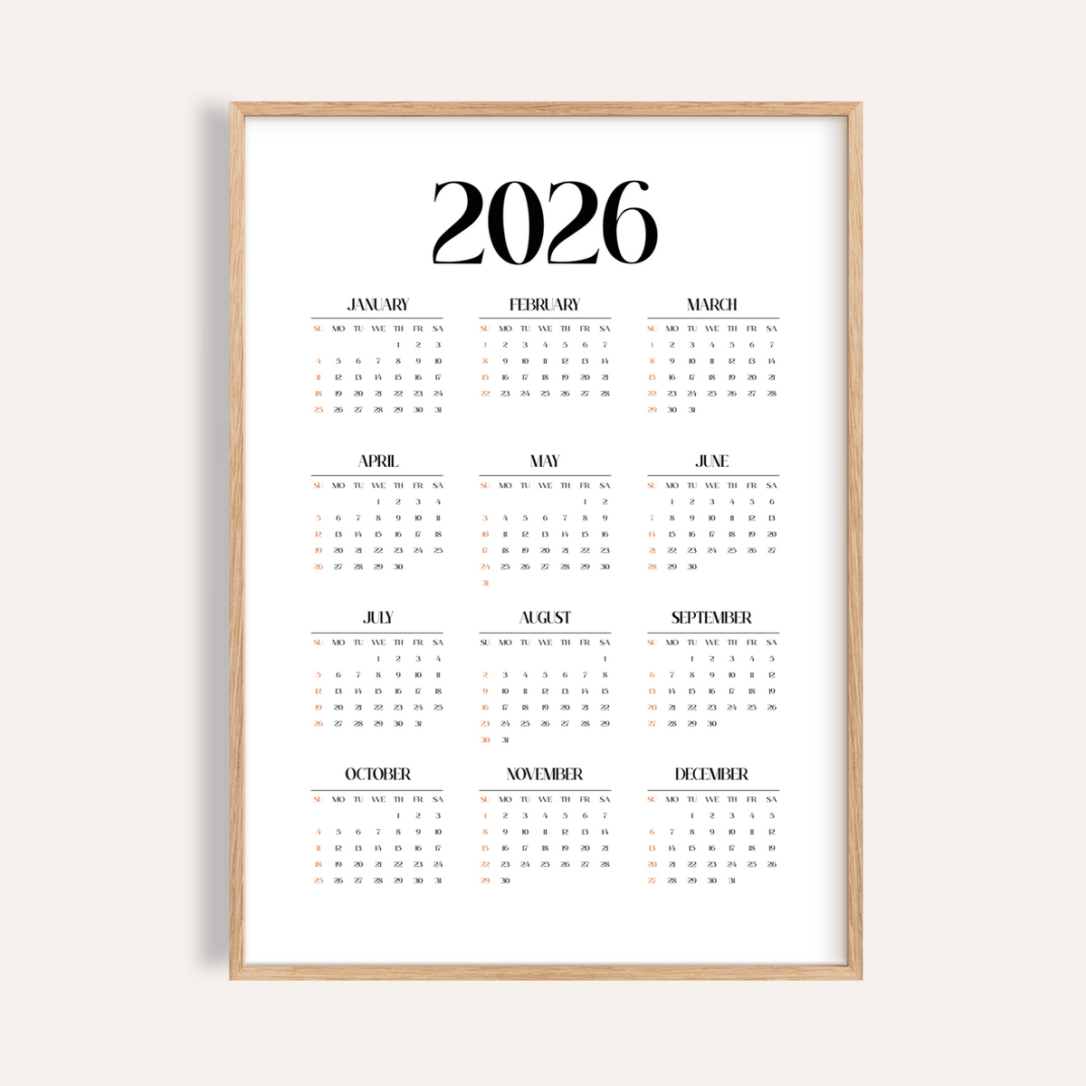 Wall Calendar Print in black and white for office wall art