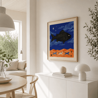 Surreal Whimsical Fish Art Print wall art with fish silhouette and star shapes