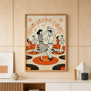 Vintage-style dance wall art print showing swing dancers on record discs