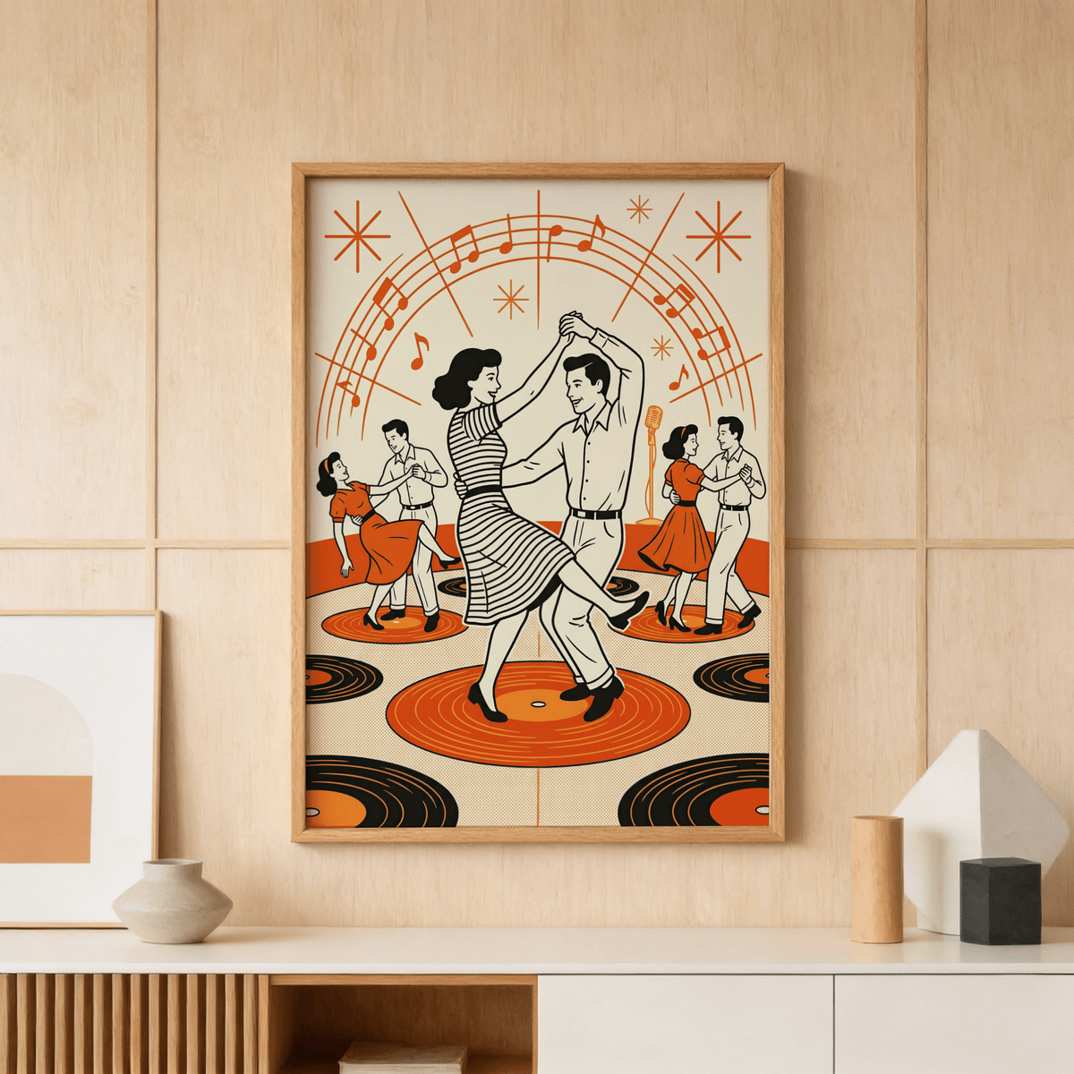 Vintage-style dance wall art print showing swing dancers on record discs