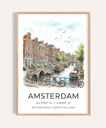Watercolor Amsterdam canal wall art poster with gabled houses and boats