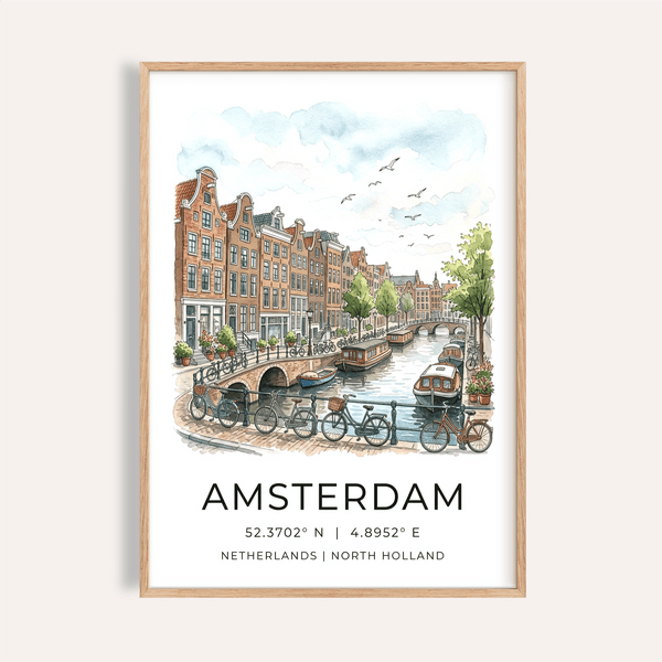 Watercolor Amsterdam canal wall art poster with gabled houses and boats