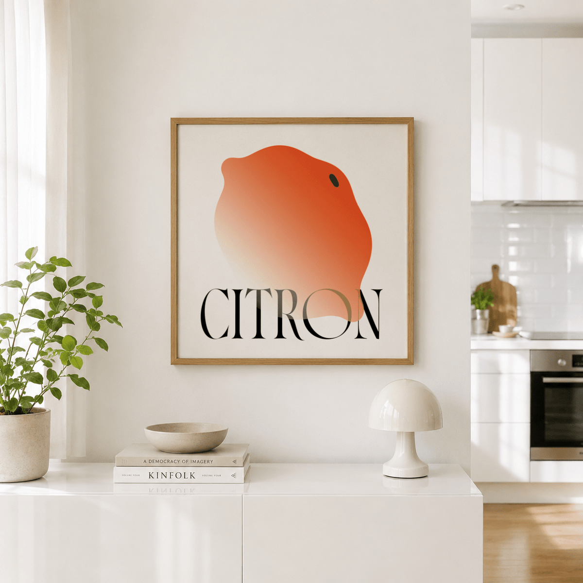 Single-motif Abstract Lemon Art Print with minimalist lemon form and stacked title text