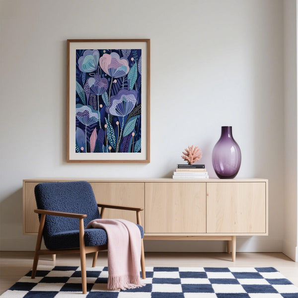 Purple Flower Poster featuring delicate blossoms and patterned textures.
