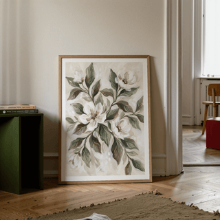 Magnolia Wall Decor featuring White blooms and Green leaves for home office print
