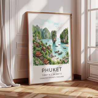 Tropical shoreline wall art print with hillside villas, palms, and stupa