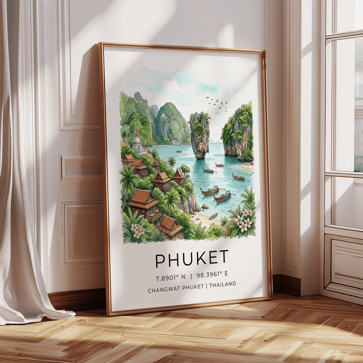 Tropical shoreline wall art print with hillside villas, palms, and stupa