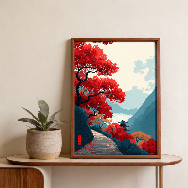 Layered mountain art print with misty blue ridges and open sky